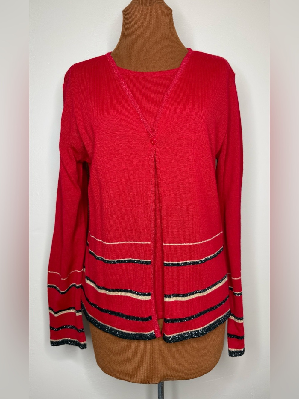 Kathie Lee Collection Red Open-Front Cardigan Stripe Accents Size Medium